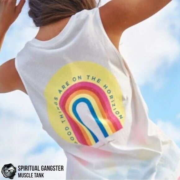 Spiritual Gangster Tops - SPIRITUAL GANGSTER GOOD THINGS HORIZON RAINBOW GRAPHIC MUSCLE TANK WHITE SMALL